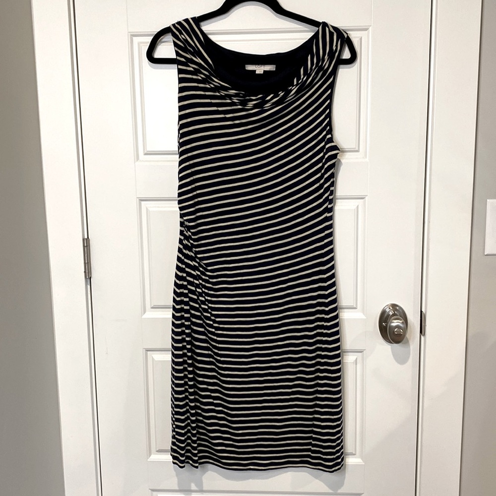 Loft Side Ruched Dress - Navy and Cream Striped - Size L